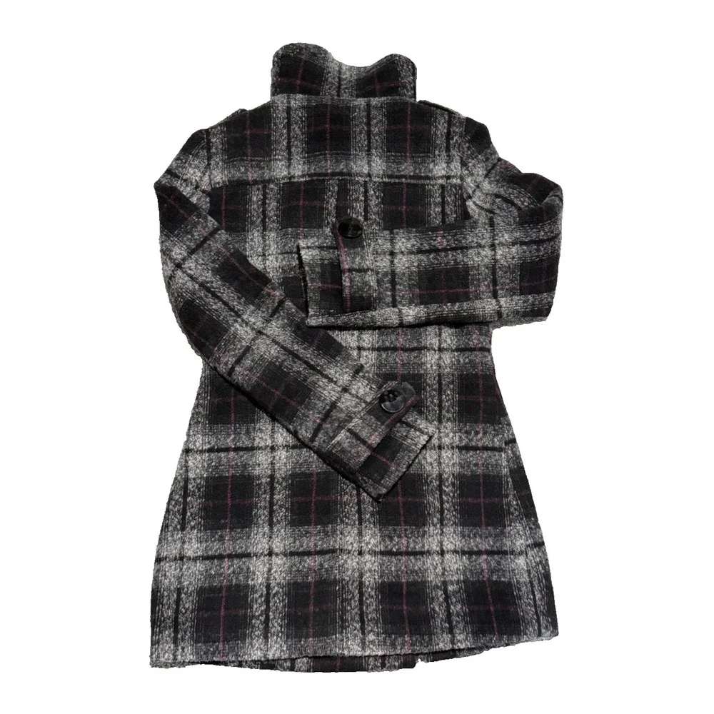 BKE Buckle Coat Women's Sz S Wool Blend Plaid Double Breast Lined Front Pockets‎